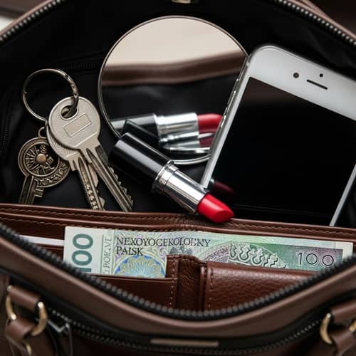 Woman's Purse Essentials: Keys, Lipstick, Mirror, Wallet, Smartphone