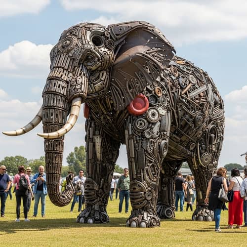 Large Elephant Sculpture Made of Scrap Metal in Field