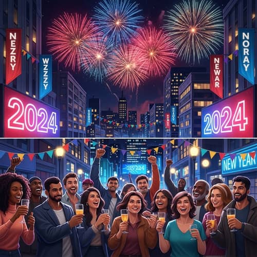 New Year's Eve Celebration 2024 in Urban Setting with Fireworks