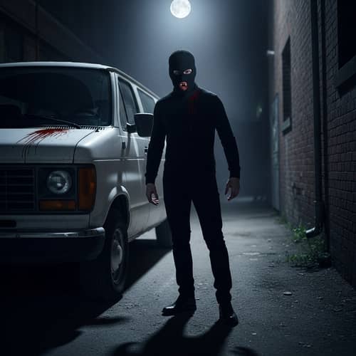 Ominous Vampire Stands by White Van in Dim Lit Alleyway