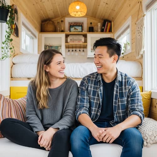 Charming Tiny House Living: Diverse Friends' Intimate Moment