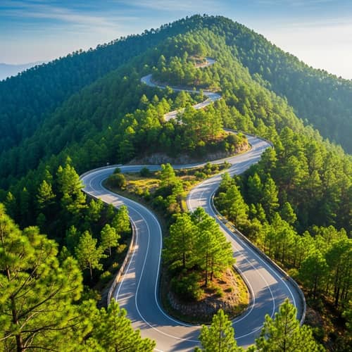 Ascending Mountain Road Through Lush Pine Forest