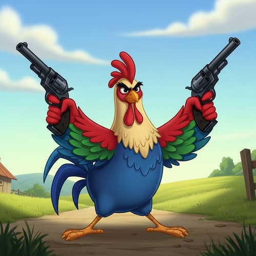 Animated Chicken with Two Pistols | Rustic Countryside Setting
