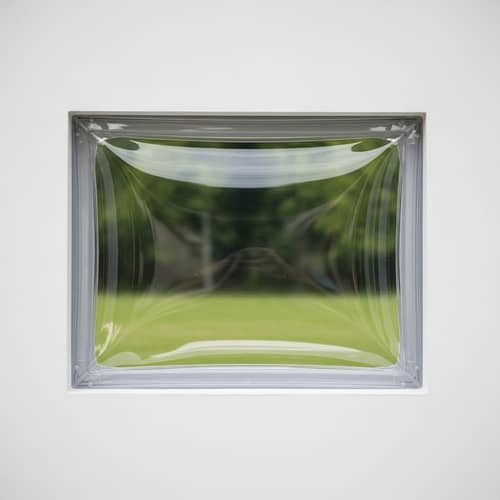 Clear Plastic Window Set Into White Wall | Green Landscape View
