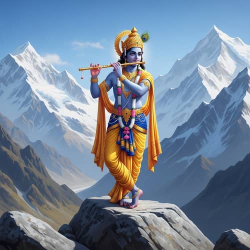 Hindu Deity Krishna Standing on Stone in Himalayas