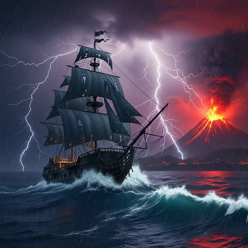 Abandoned Pirate Ship Brave Voyage Amidst Thunderstorm and Erupting Volcano