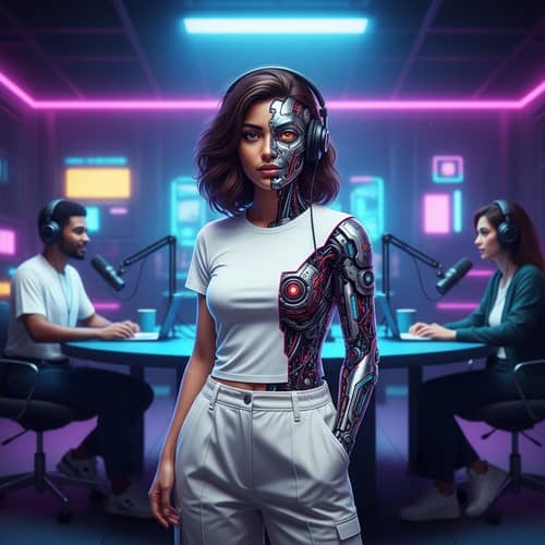 Futuristic Middle-Eastern Woman with Robotic Features Making Podcast in Neon-Colored Room