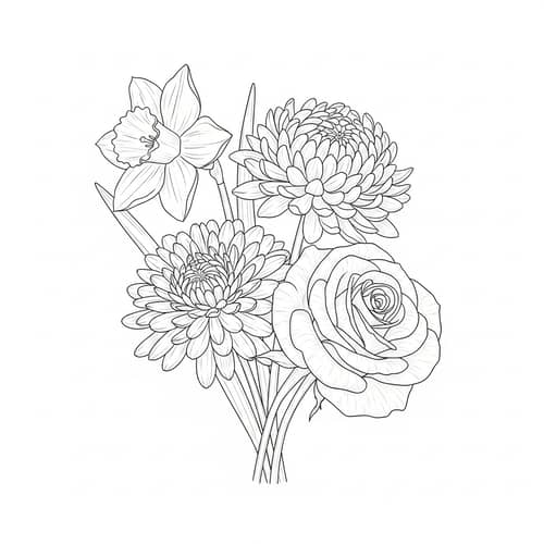 Exquisite Line Art Bouquet Illustration with Daffodil, Chrysanthemum, and Rose