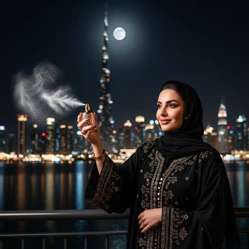 Arab Fashion Woman Sprinkling Perfume in Dubai Night
