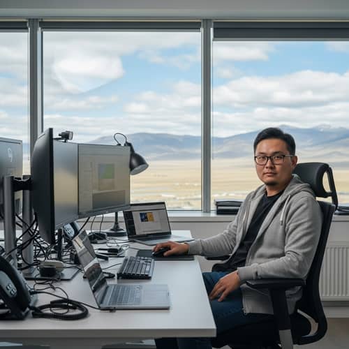 Male Mongolian Developer in Modern Tech Office with Nature View