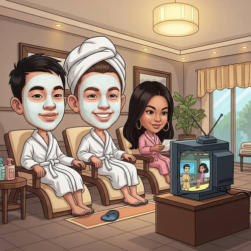 Whimsical Spa Day Caricature: Boys Relaxing, Girl Watching TV