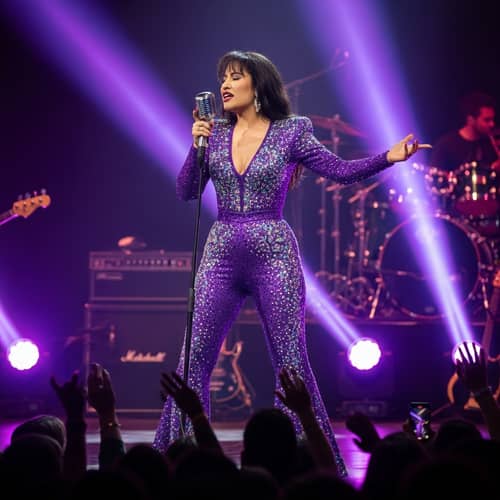 Latin Tejano Music Singer in Sparkling Purple Jumpsuit on Stage