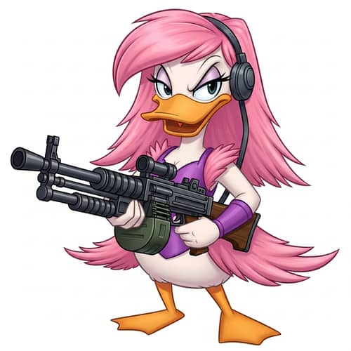 Fierce Female Duck with Machine Gun - Playful Comic Book Character