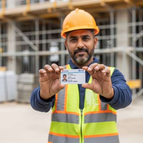 South Asian Construction Worker: Securely Holding Identification Card