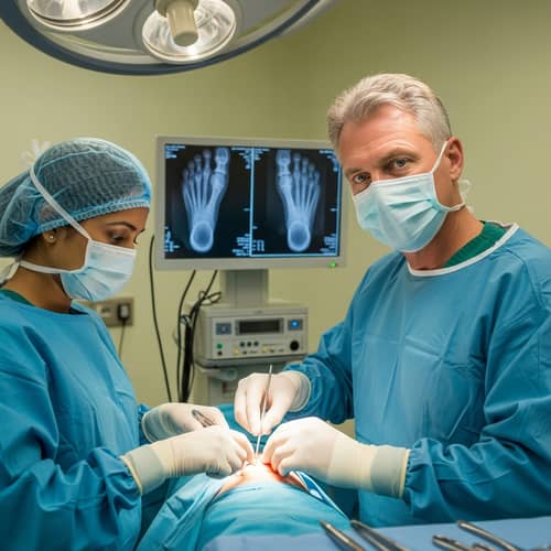 Experienced Grey-Haired Male Surgeon Operating on Foot in Sterile Room
