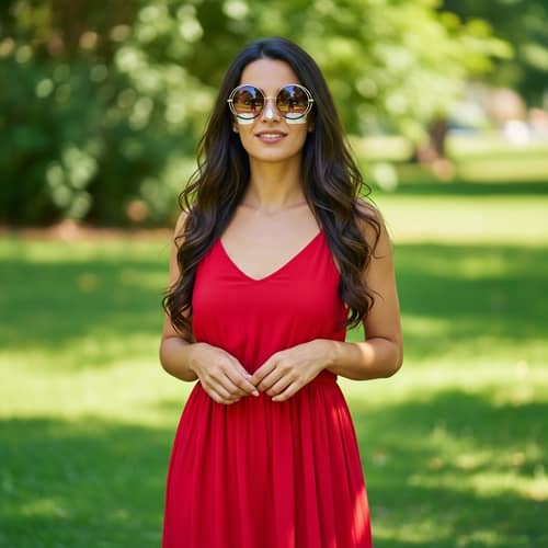 Stylish Hispanic Woman in Red Summer Dress | Sun Protection