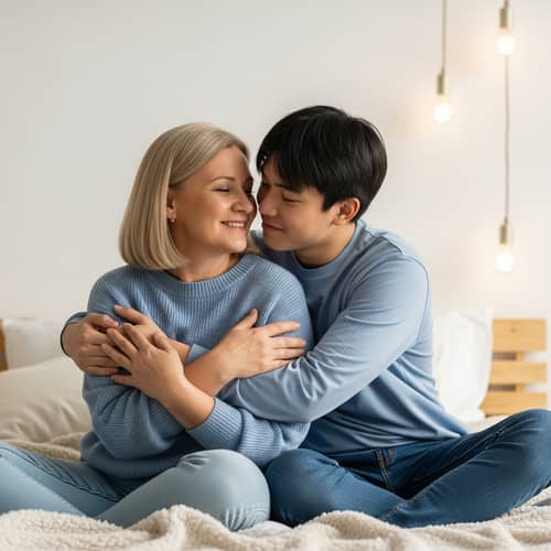Heartwarming Moment: Loving Mom and 18-Year-Old Son Cuddling in Bed