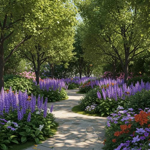Tranquil Garden with Violet Flowers | High-Quality Image