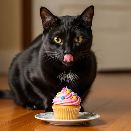 Sleek Black Cat Eyeing Cupcake | Warm & Relaxed Scene
