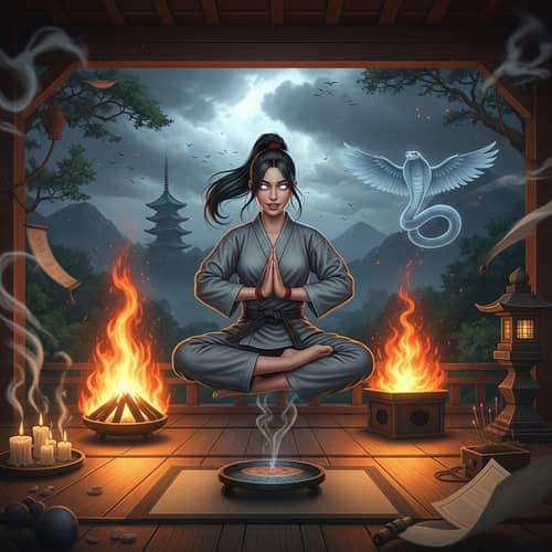 Levitating Young Woman in Martial Arts Attire | Tranquil Adventure