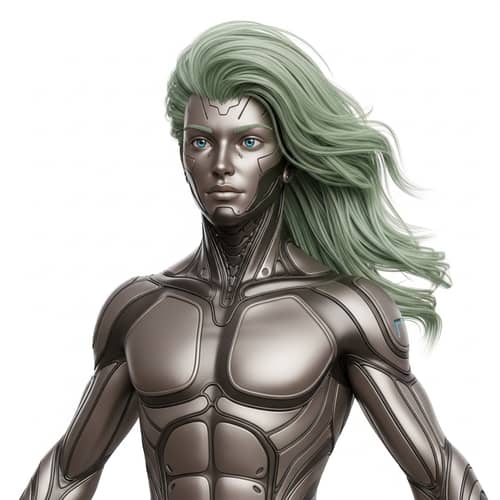 Futuristic Humanoid Character Model with Metallic Skin and Green Hair