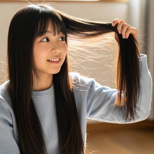 Young Japanese Girl Playing with Long Jet-Black Hair