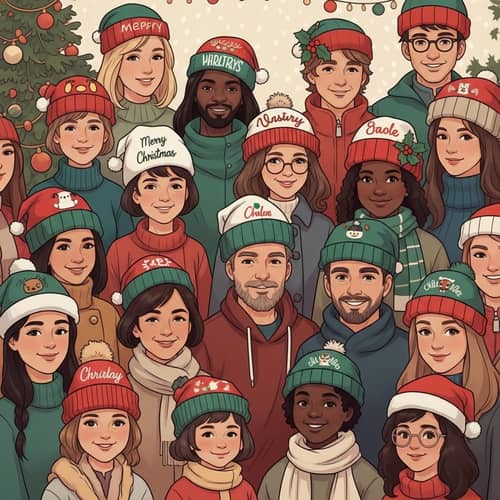 Festive Holiday Scene with Personalized Christmas Caps