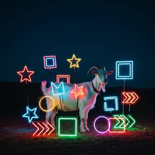 Elegant Goat with Neon Lights: Surreal Rural-Urban Synthesis