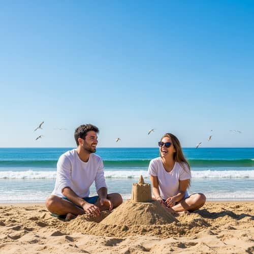 Contemporary Spanish Couple Building Sandcastle on Sunny Beach