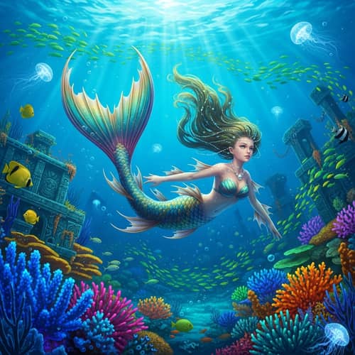 Ethereal Fantasy-Inspired Mermaid Gracefully Maneuvering Underwater