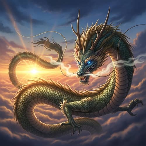 Majestic Eastern-Style Dragon Soaring in Green & Gold