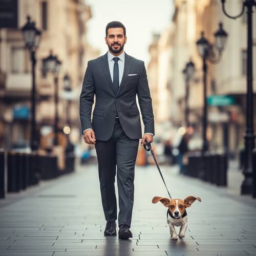 Successful Middle-Eastern Businessman Walking Cute Cartoon-Like Dog