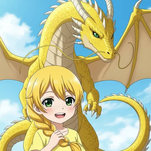 Anime Girl with Bright Yellow Braid & Smiling Yellow Dragon
