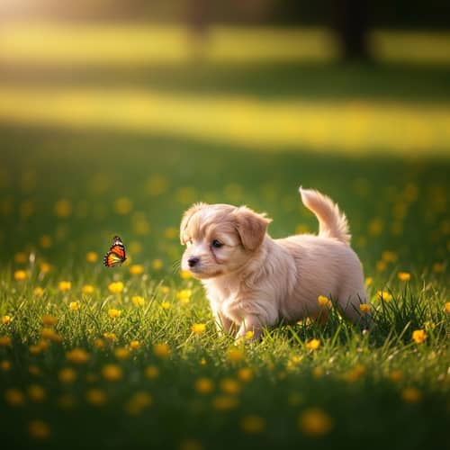 Delightful Puppy Playing in Lush Green Meadow