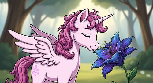 Adorable Petite Unicorn with Wings Smelling Cute Flower - Art