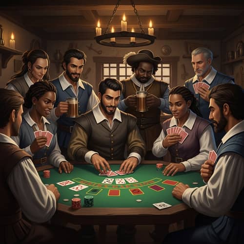17th Century Multicultural Blackjack Game in Rustic Tavern