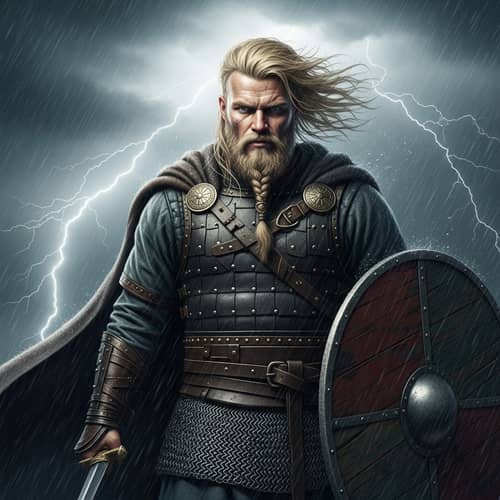 Brave Viking in Nordic Armor Faces Violent Storm