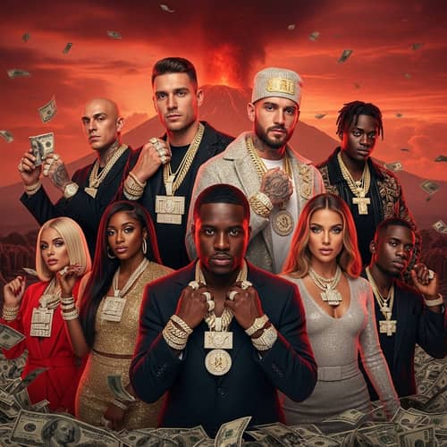 Hyperrealistic Image of Eight Individuals Adorned with Gold and Diamonds