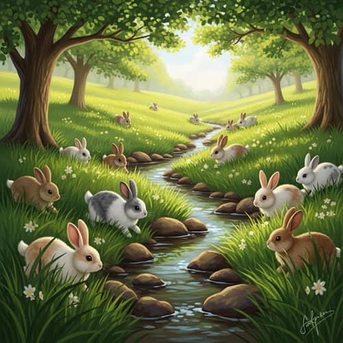 Tranquil Meadow: Frolicking Bunnies in Idyllic Landscape