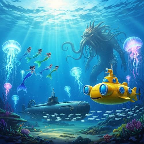 Magical Underwater Scenery with Mermaids and Submarines