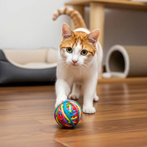 Adorable White and Orange Domestic Cat Playing with Yarn