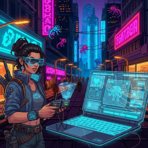 8-Bit Cyberpunk City with Virtual Creatures and Futuristic Laptop