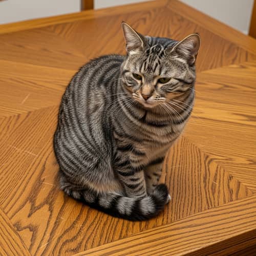 Fluffy Gray Cat on Vintage Oak Table