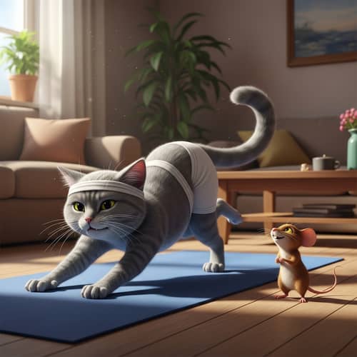 Cat and Mouse Yoga Fun in Living Room