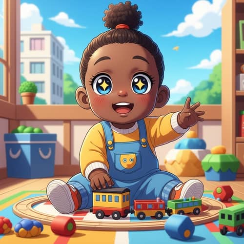 Cute Anime Black Toddler Playing with Toy Train Set