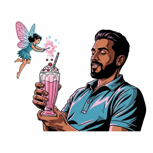 South Asian Man with Milkshake & Fairy - Comic Stencil Art