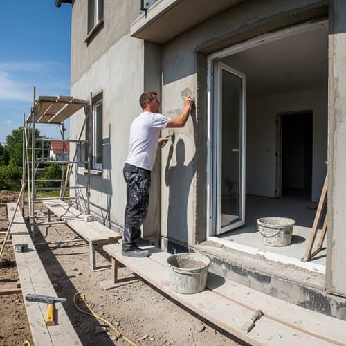 Gritty Construction Scene: House Exterior Plastering