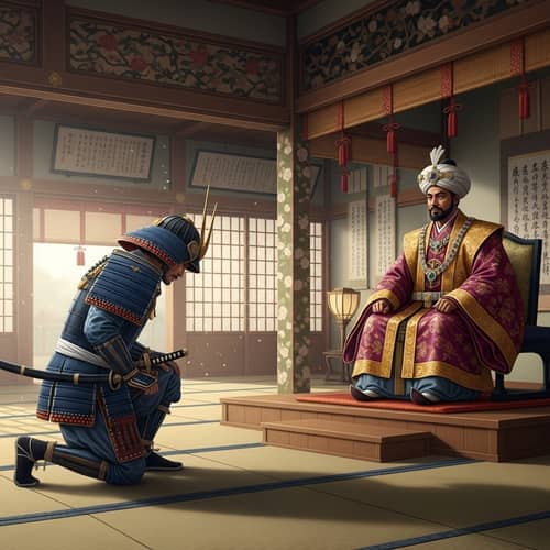 Japanese Shogun Kneeling Before Emperor in Historic Scene
