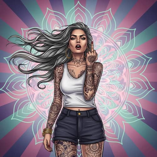 Defiant South Asian Woman Illustration with Intricate Tattoos
