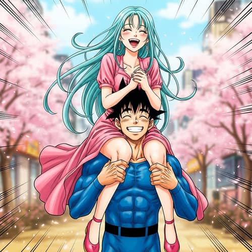 Turquoise-Haired Woman on Shoulders of Blue-Spandex Man